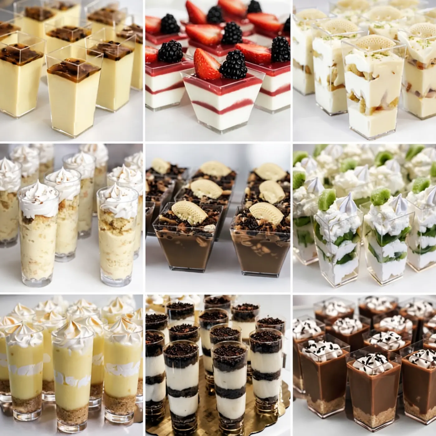 Nine varieties of artisanal dessert cups for event catering