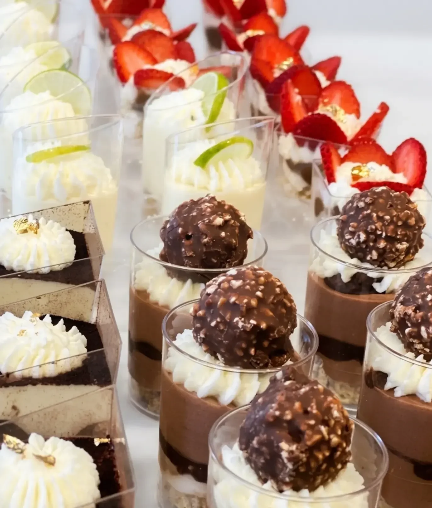 Dessert table with assorted cups Ferrero and chocolate strawberries