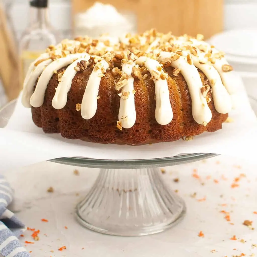 Homemade carrot bundt cake with cream cheese glaze