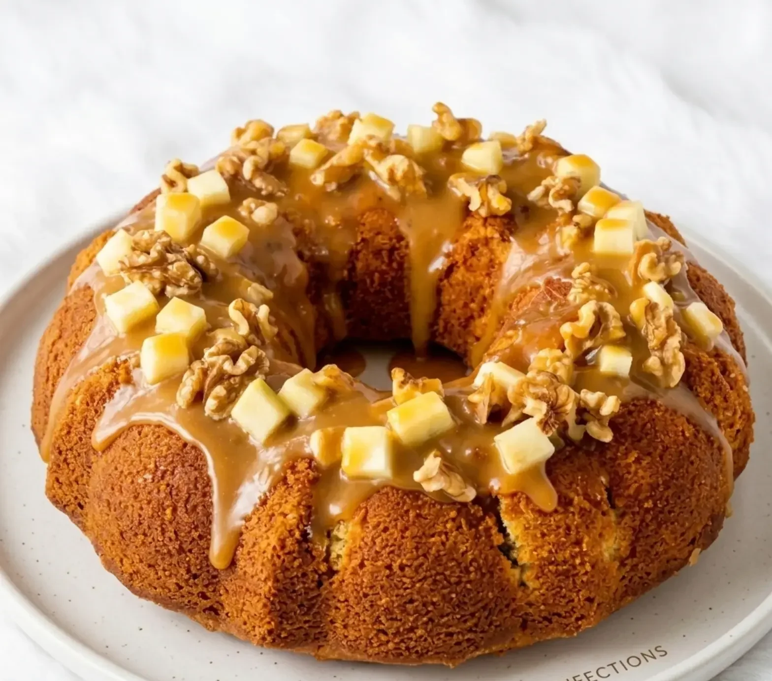 Apple walnut bundt cake with caramel glaze